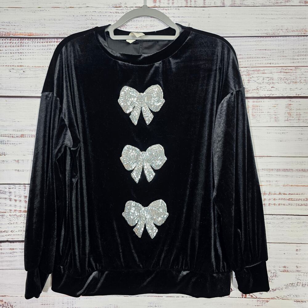 Haptics Women's Black Velvet Sweatshirt Silve Sequin Bow Pullover Size Small
